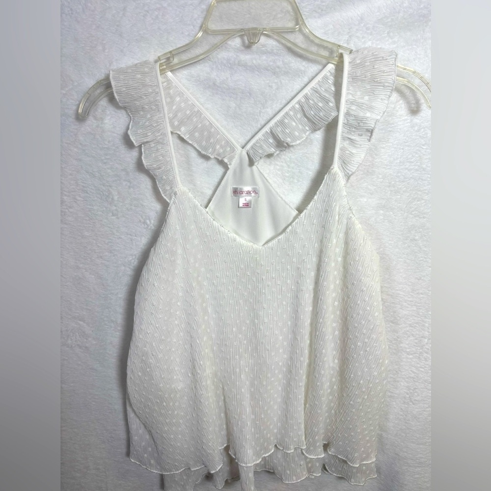 Xhiliration White Ruffled Flowy Sleeveless Tank Top Polka Dot design size Small